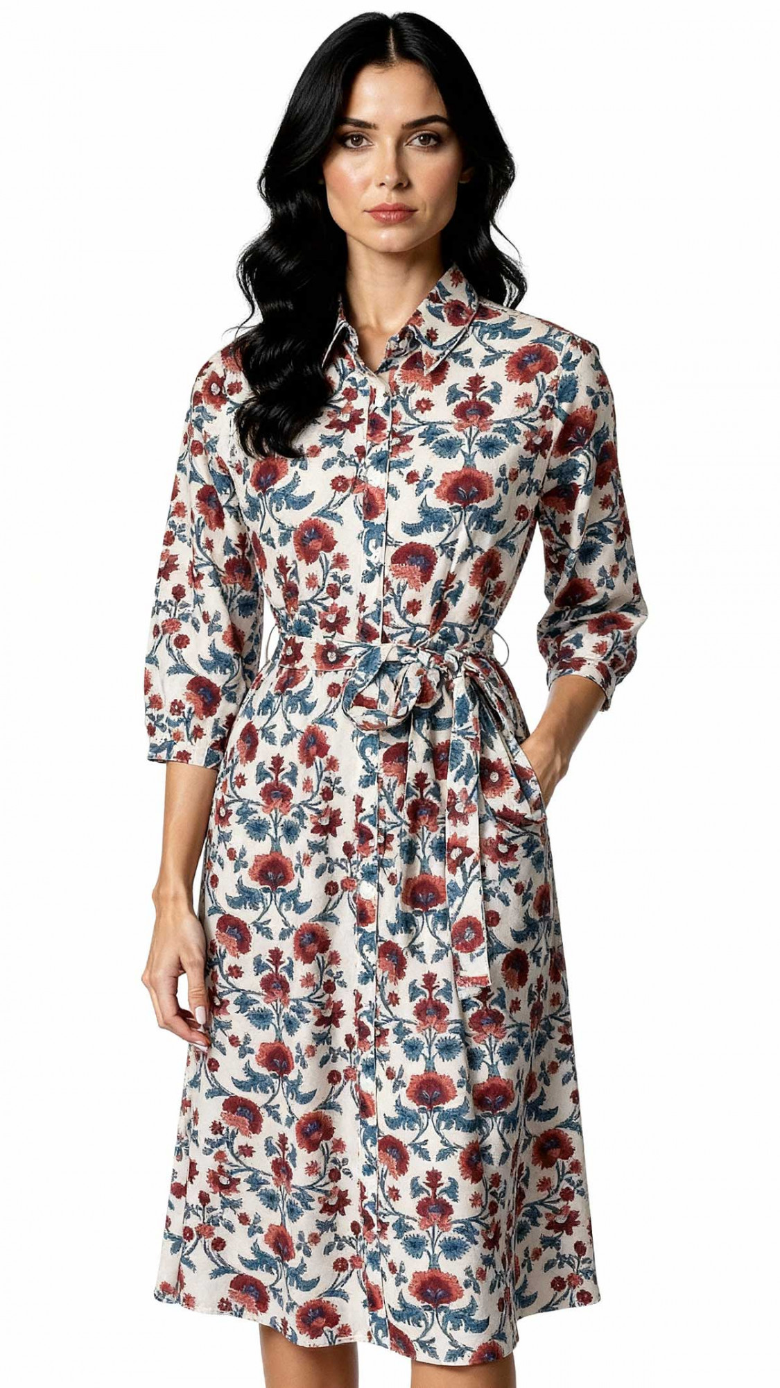 Hand Printed Cotton Long Shirt Dress for Women