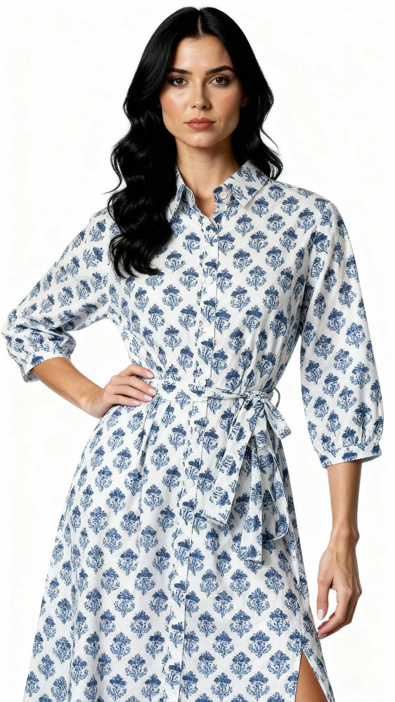 Image of Hand Printed Cotton Long Shirt Dress for Women