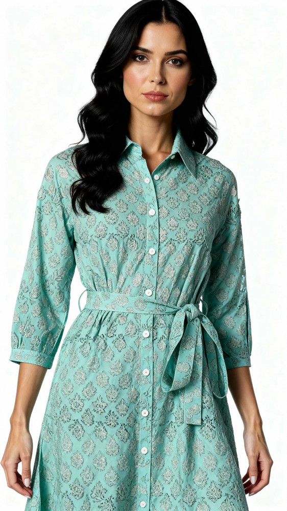 Image of Hand Printed Cotton Long Shirt Dress for Women