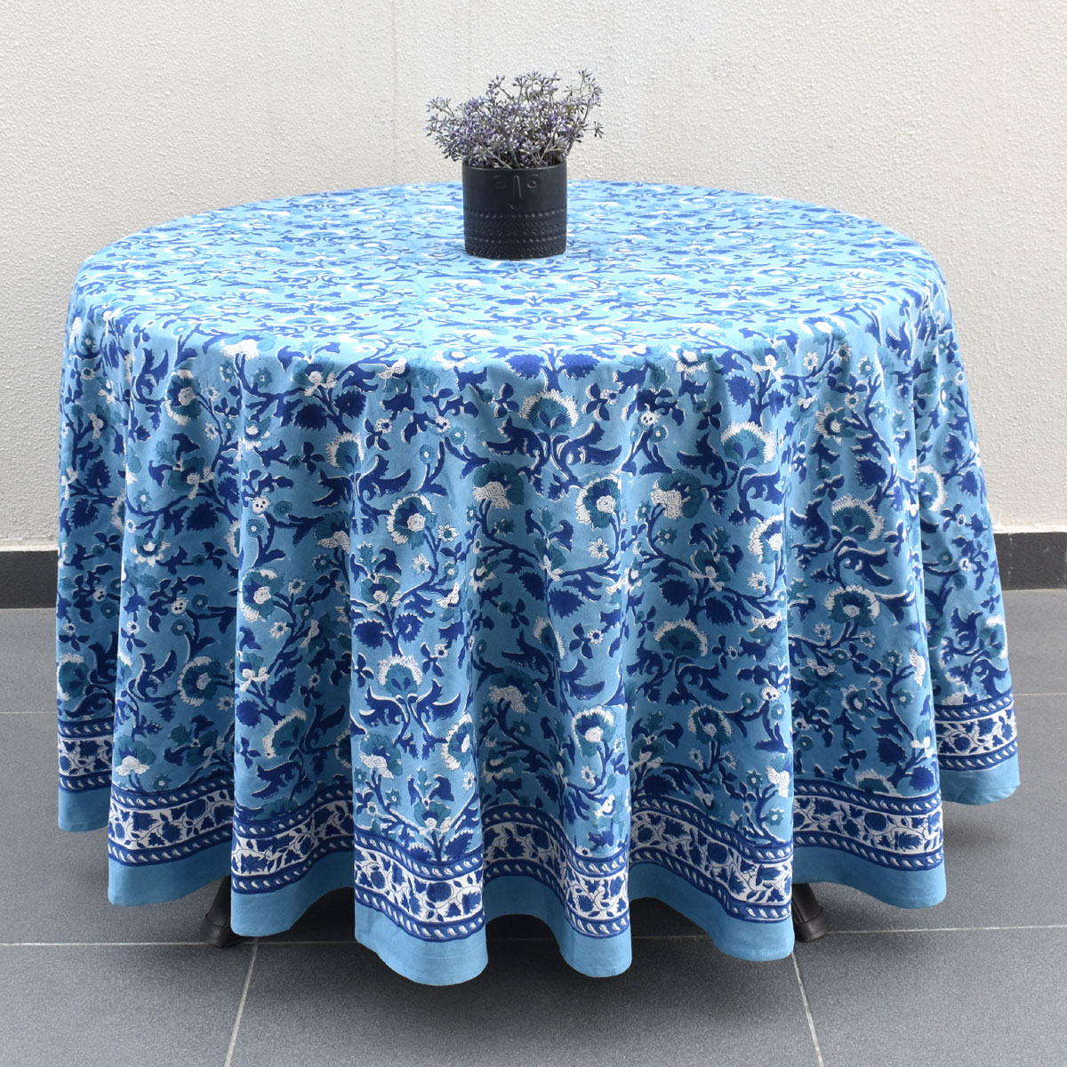 Round 220 cms Cotton French Design Table Cover Rukhsana Blue Bell 202402