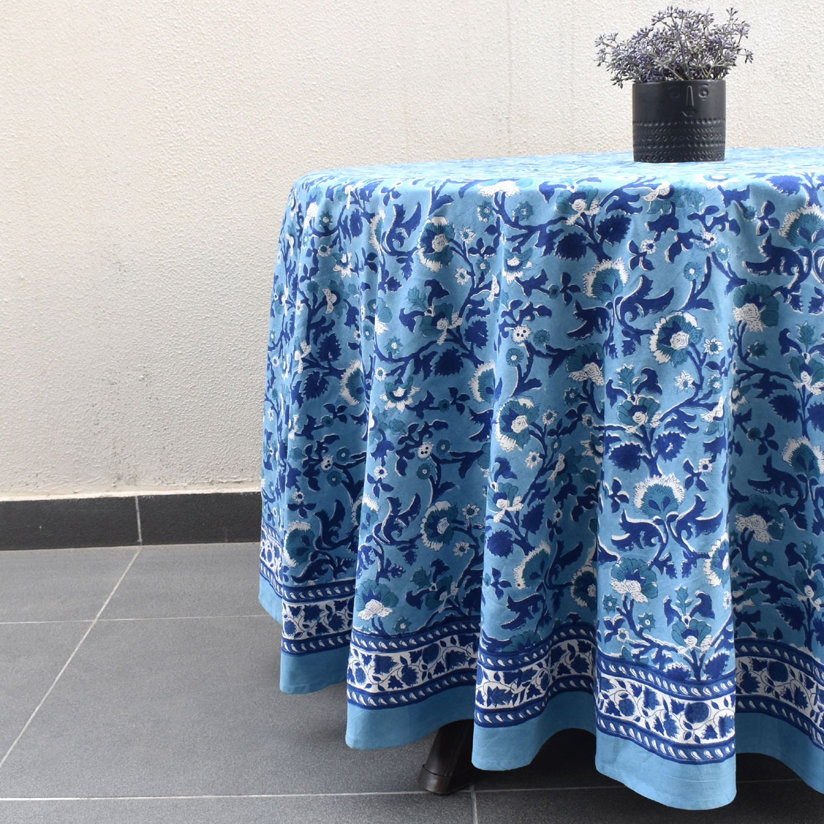 Round 220 cms Cotton French Design Table Cover Rukhsana Blue Bell 202402
