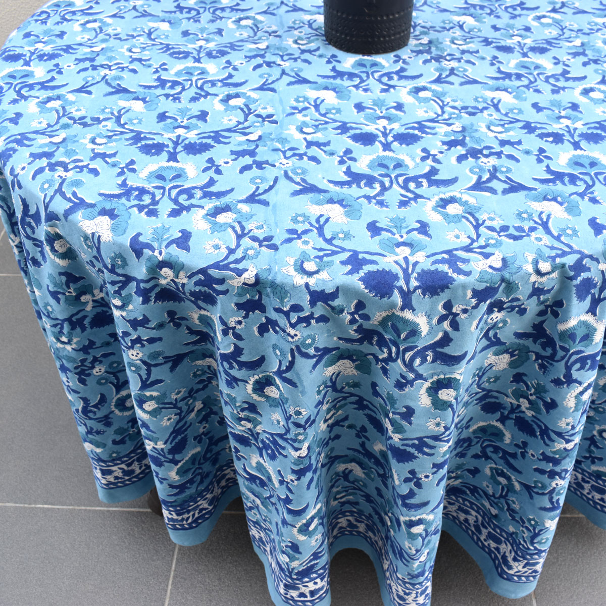 Round 220 cms Cotton French Design Table Cover Rukhsana Blue Bell 202402
