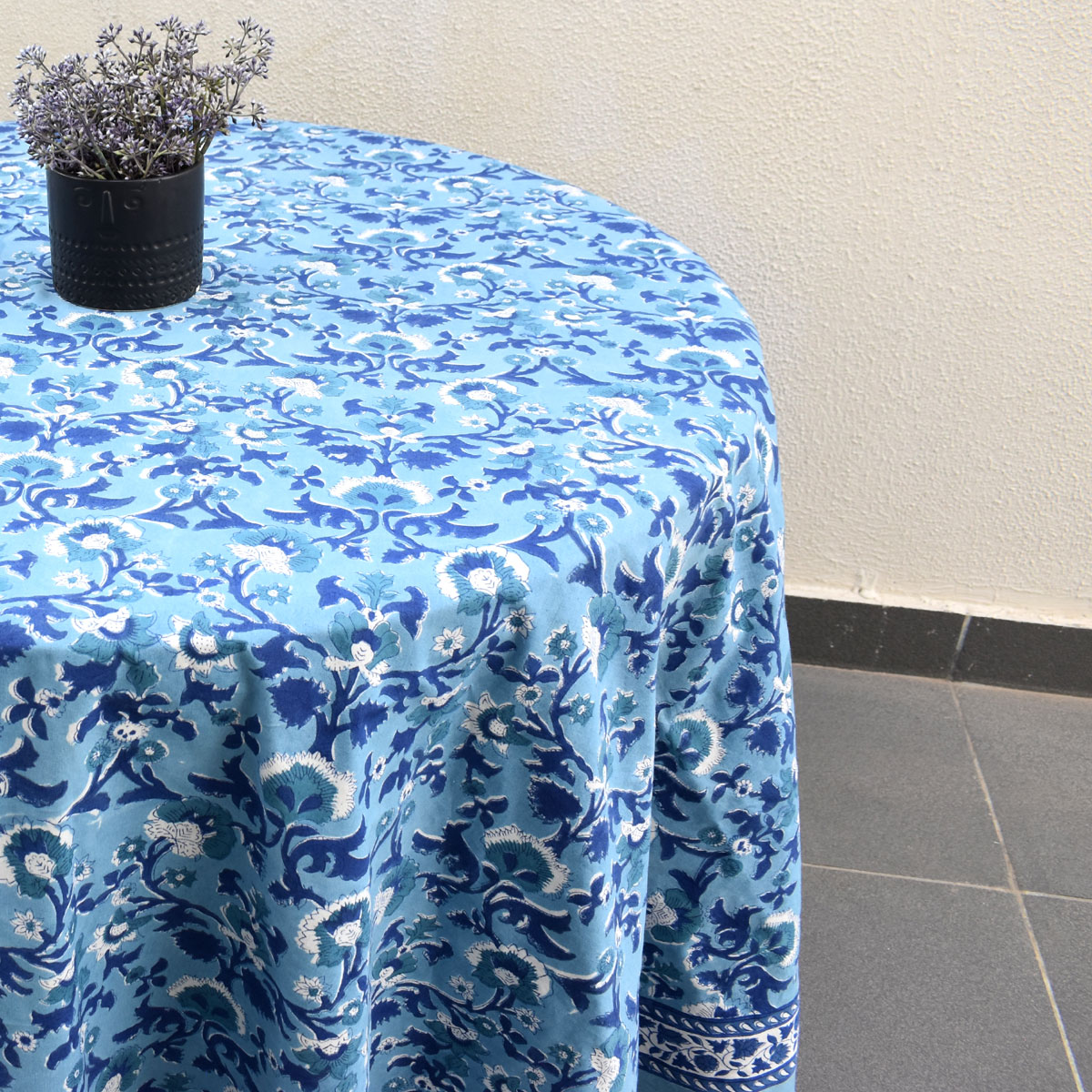 Round 220 cms Cotton French Design Table Cover Rukhsana Blue Bell 202402