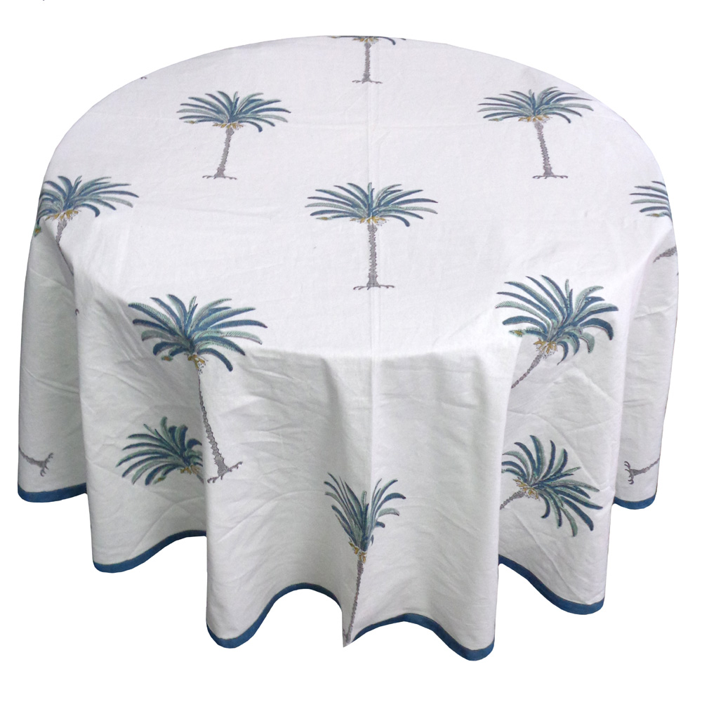 Hand Block Printed Cotton Round Tablecloth 220 cms Palm Tree Blue 105203