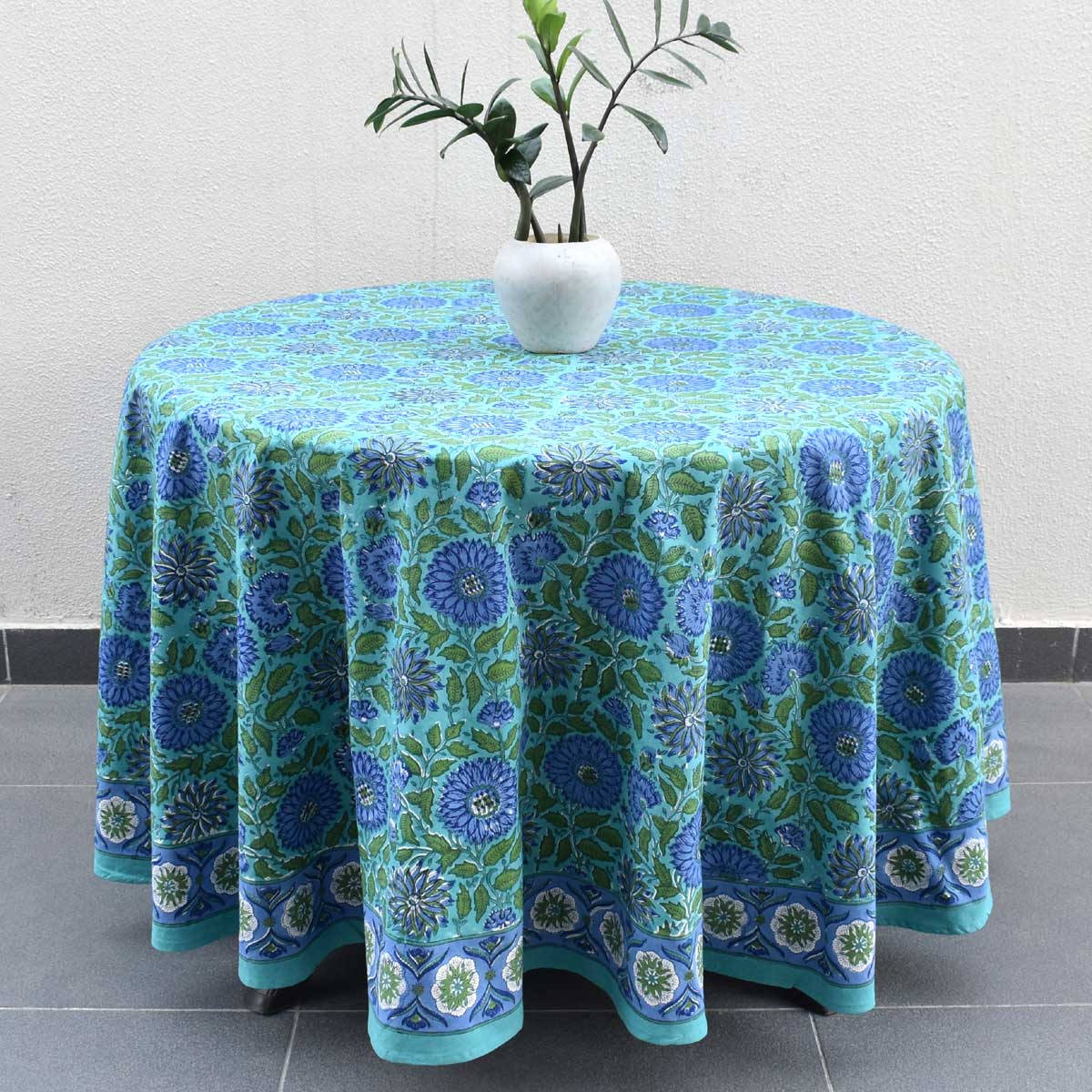 Hand Block Printed Cotton Round Tablecloth 275 cms Surajmukhi Blue Gud 106164