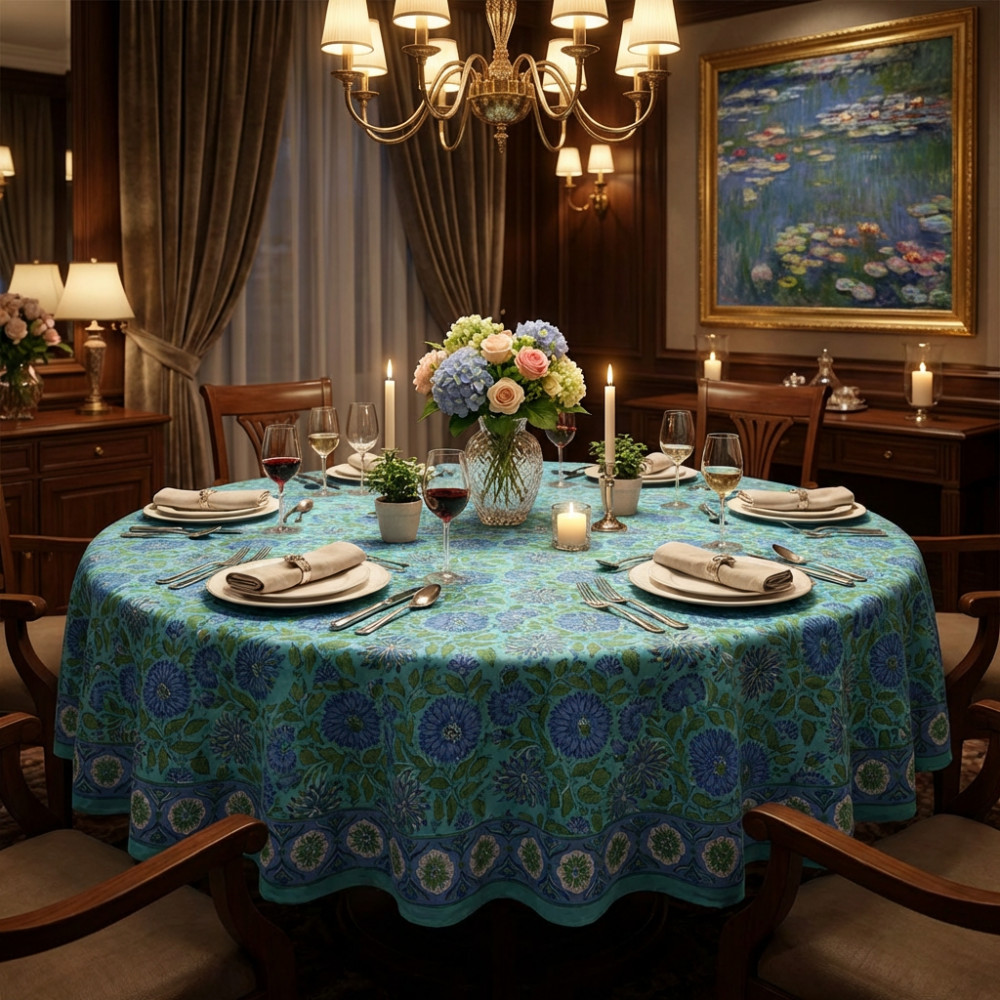 Image of Hand Block Printed Cotton Round Tablecloth 275 cms | Surajmukhi Blue Gud 106164