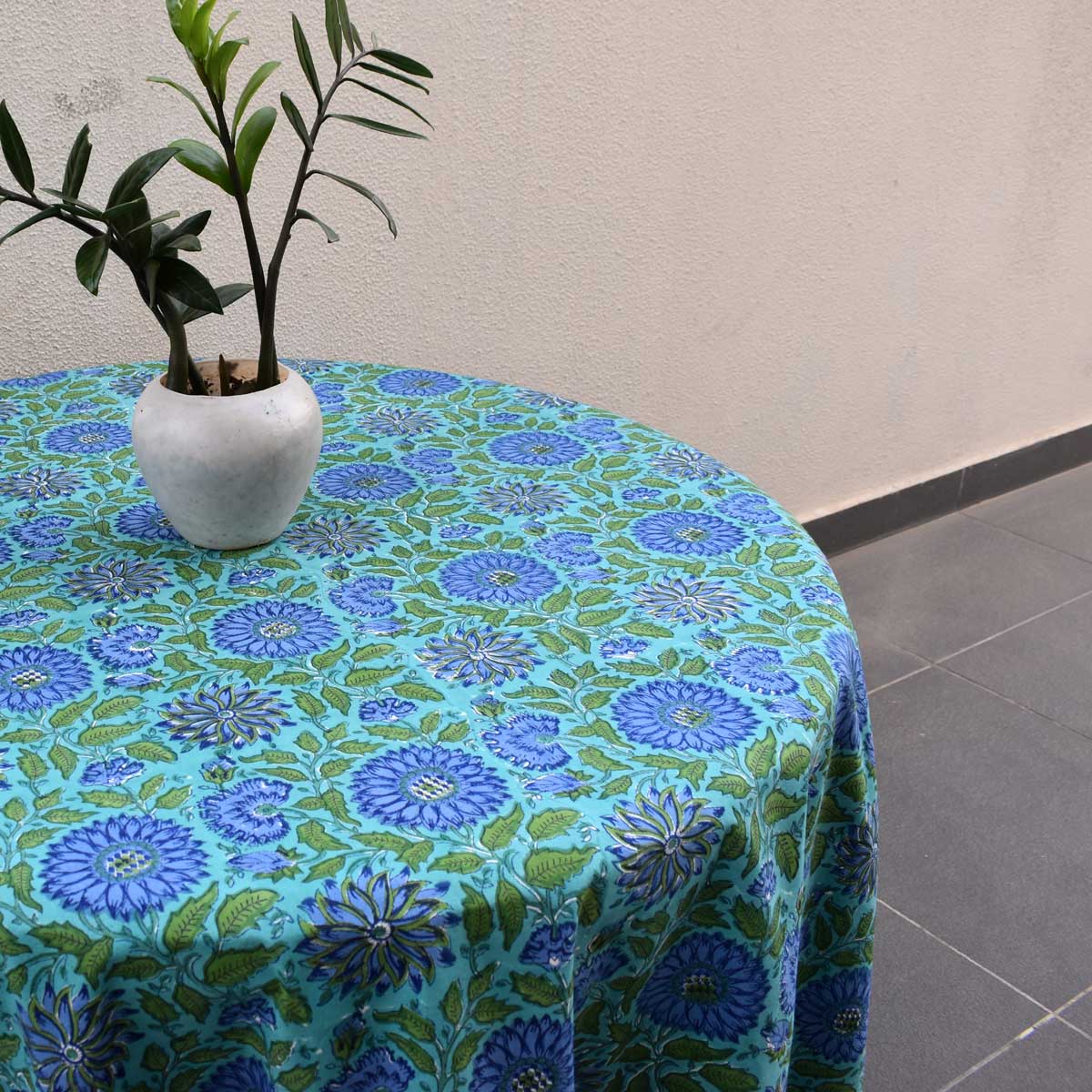 Hand Block Printed Cotton Round Tablecloth 275 cms Surajmukhi Blue Gud 106164