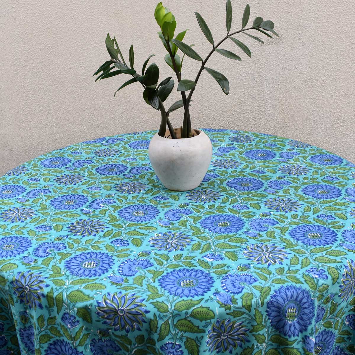 Hand Block Printed Cotton Round Tablecloth 275 cms Surajmukhi Blue Gud 106164