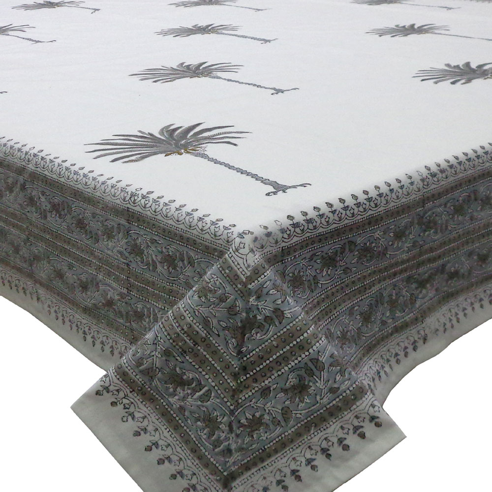 Tablecloth 12 seater in Cotton Hand Block Printed Cotton Tablecloth 180x340 cms Palm Tree Grey 105175