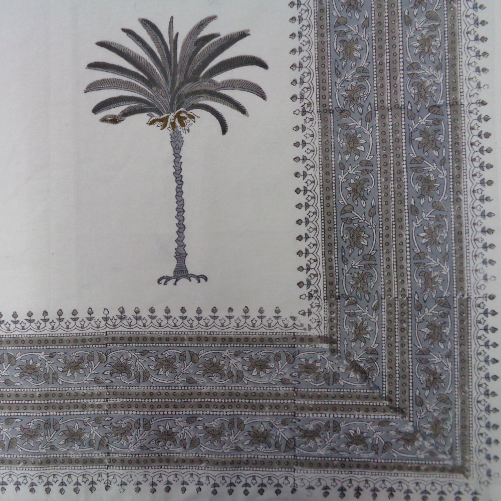 Hand Block Printed Cotton Tablecloth 180x270 cms Palm Tree Grey 105175