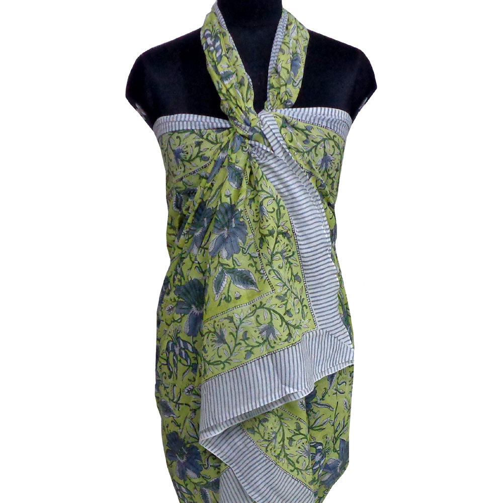 Beach Wrap Sarong Womens Swimwear Wraparound Pareo Soft Cotton Hand Block Printed Olive Flower Gud 602183