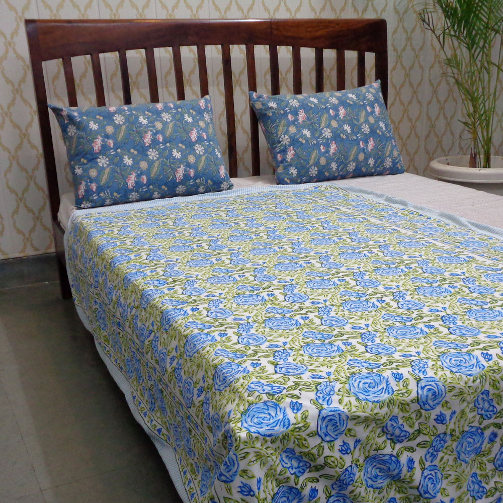 Hand Block Printed Cotton Twin Size Dohar Cerulean Rose 401355