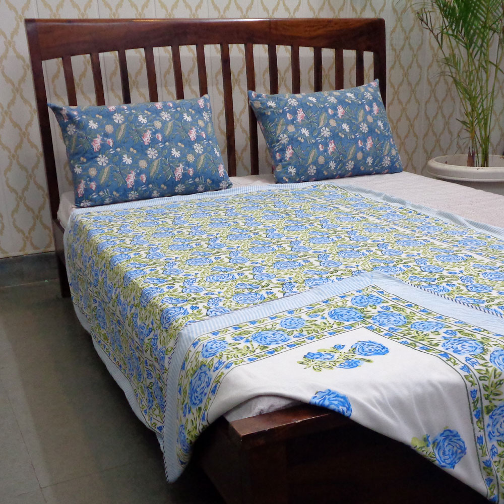 Hand Block Printed Cotton Twin Size Dohar Cerulean Rose 401355