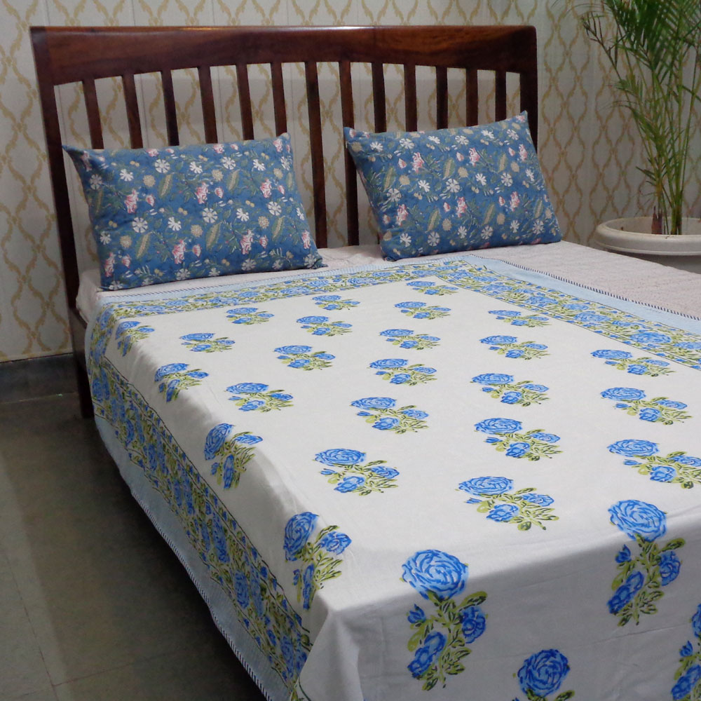 Hand Block Printed Cotton Twin Size Dohar Cerulean Rose 401355