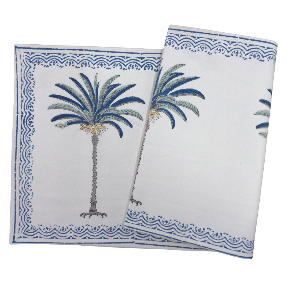 Hand Block Printed Cotton Canvas Table Runner 33x120 cms Palm Tree Blue 202038