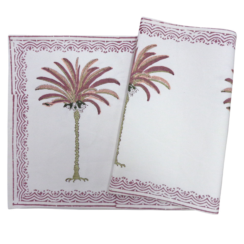 Hand Block Printed Cotton Canvas Table Runner 33x120 cms Palm Tree Pink 202047