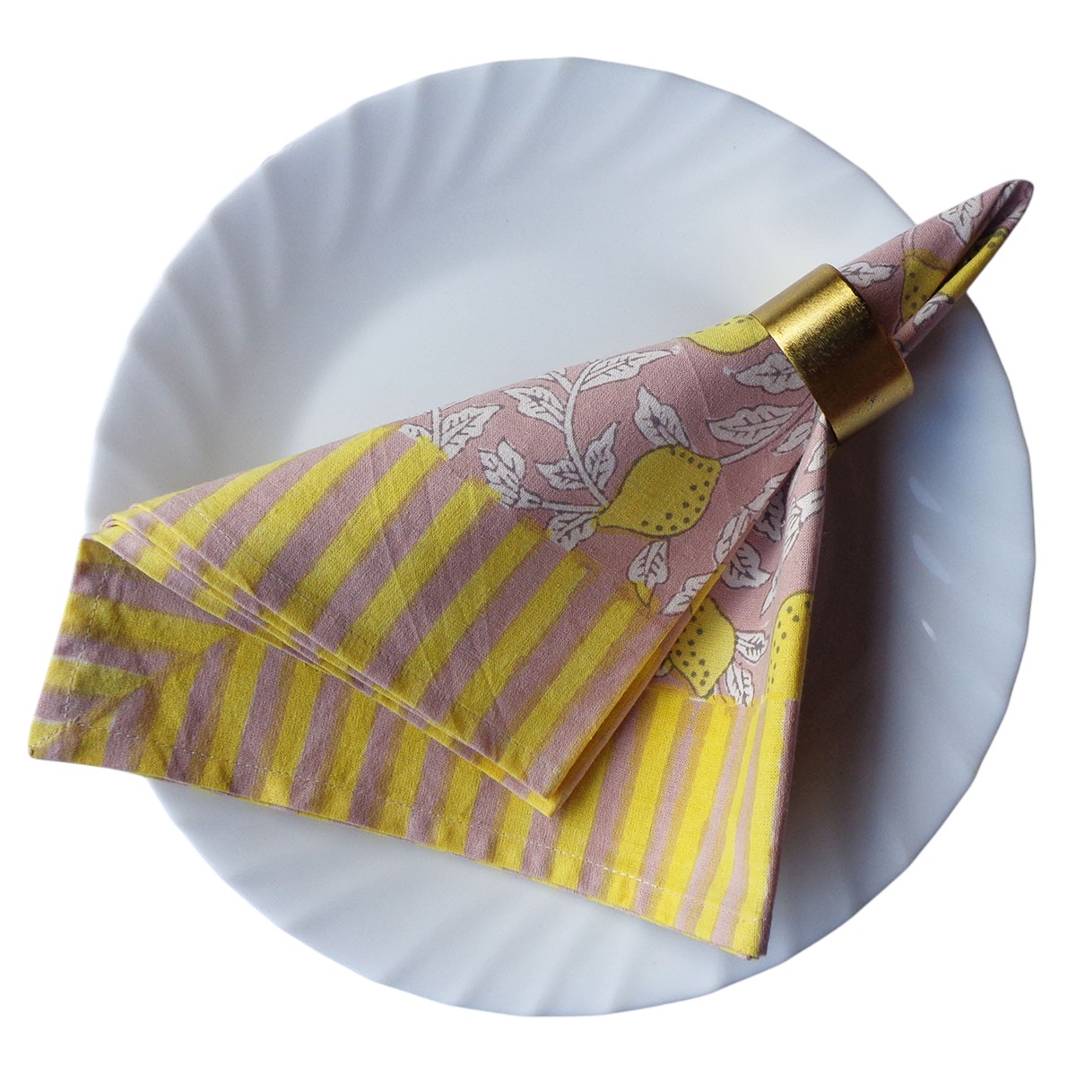 Hand Block Printed Cotton Napkin 45x45 cms Set of 4 Napkins Lemon Earth 202404