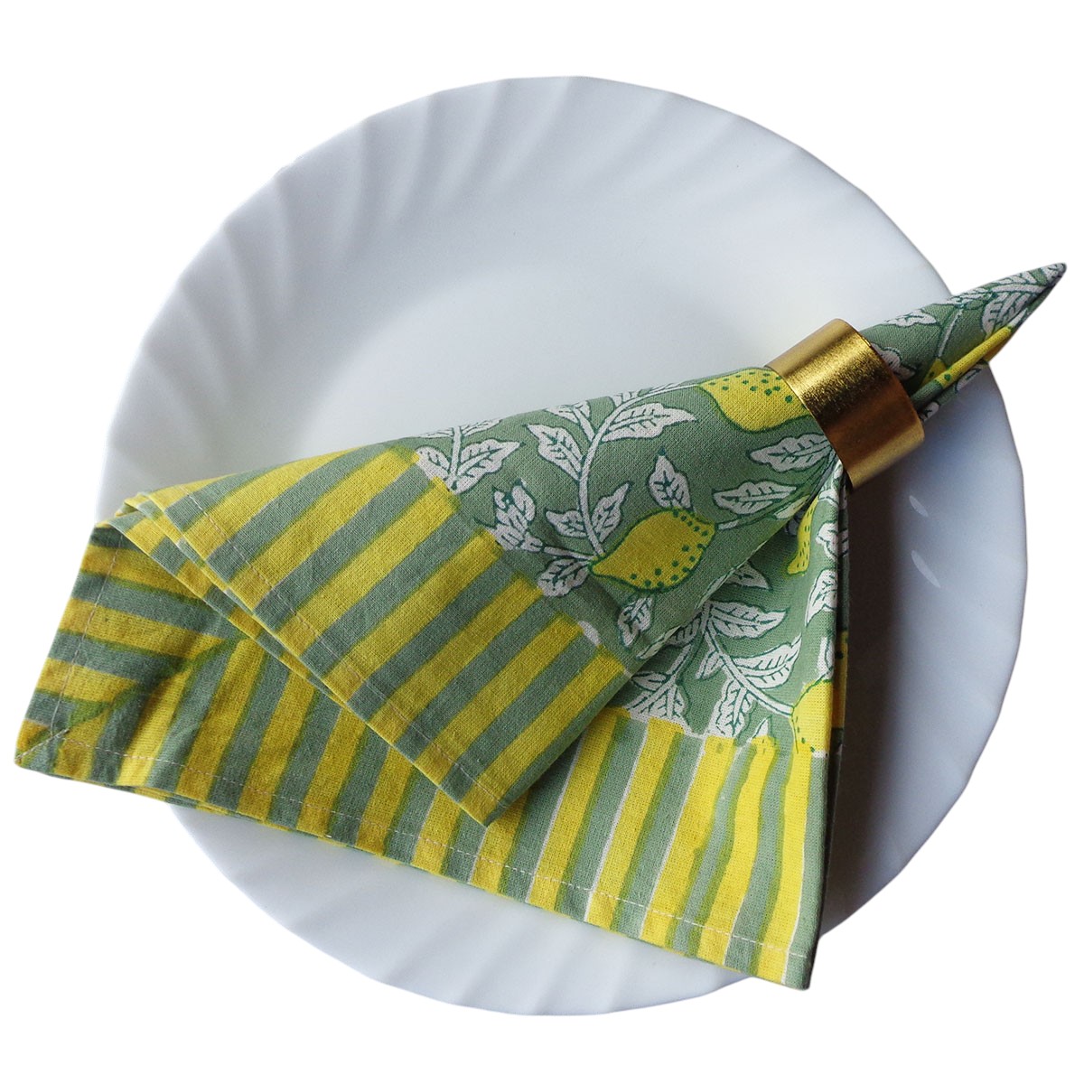 Hand Block Printed Cotton Napkin 45x45 cms Set of 4 Napkins Lemon Green 202405