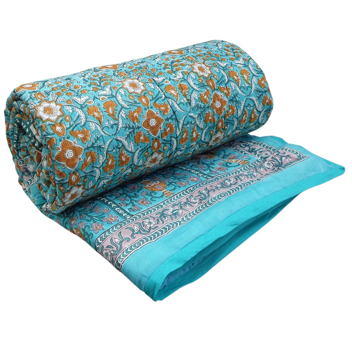 Hand Block Printed Cotton Twin Size Quilt Phulwari Blue Tint 701407