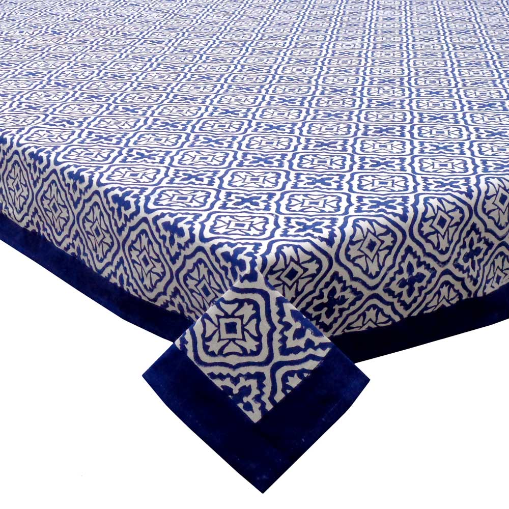 Hand Block Printed Cotton Tablecloth 150x220 cms Cross Flower Blue 302287