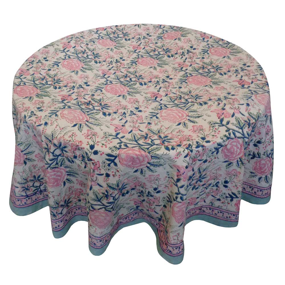 Hand Block Printed Cotton Round Tablecloth 150 cms Naya Gulab Open 107097