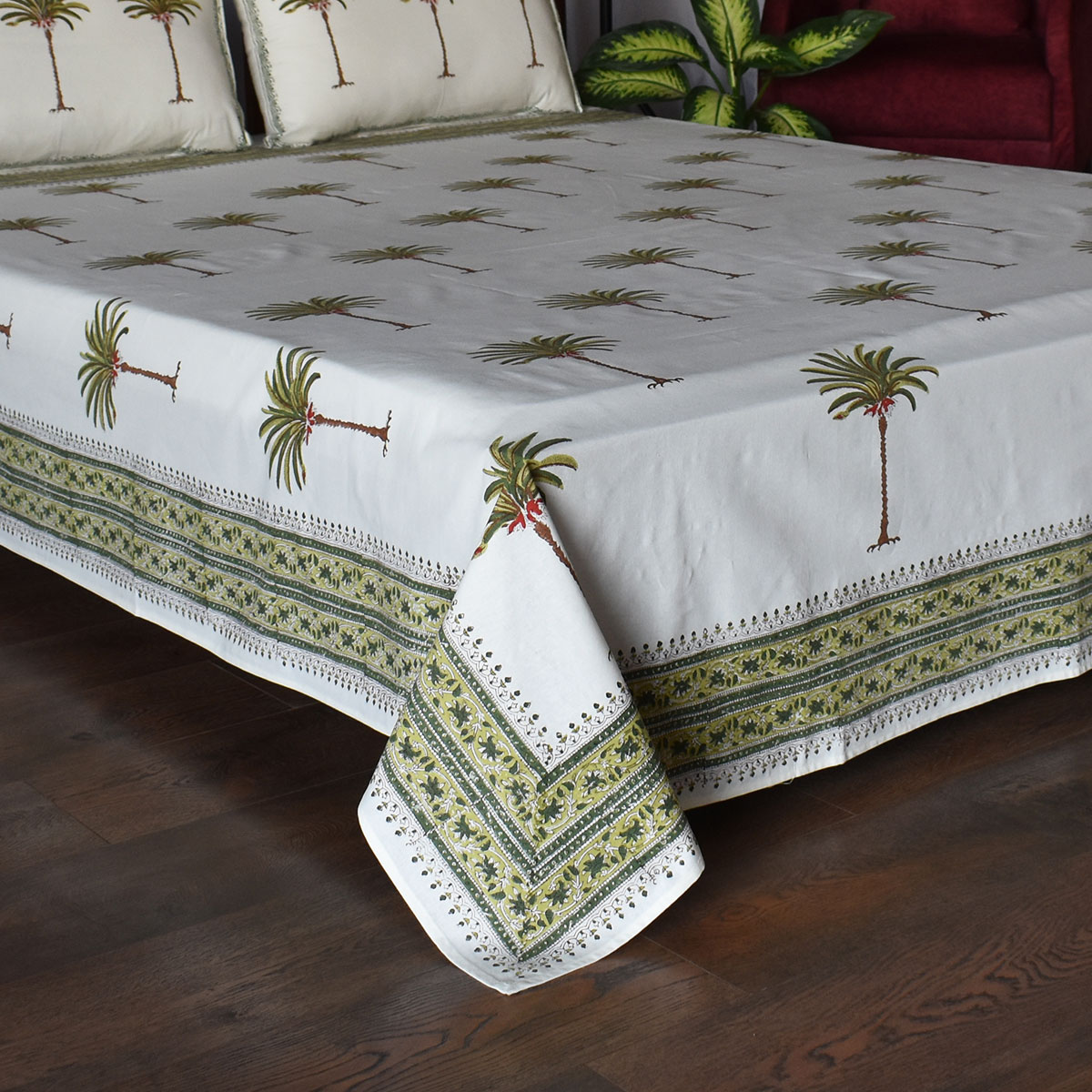 Hand Block Printed Cotton Queen Size Bedspread Palm Tree Green 109024