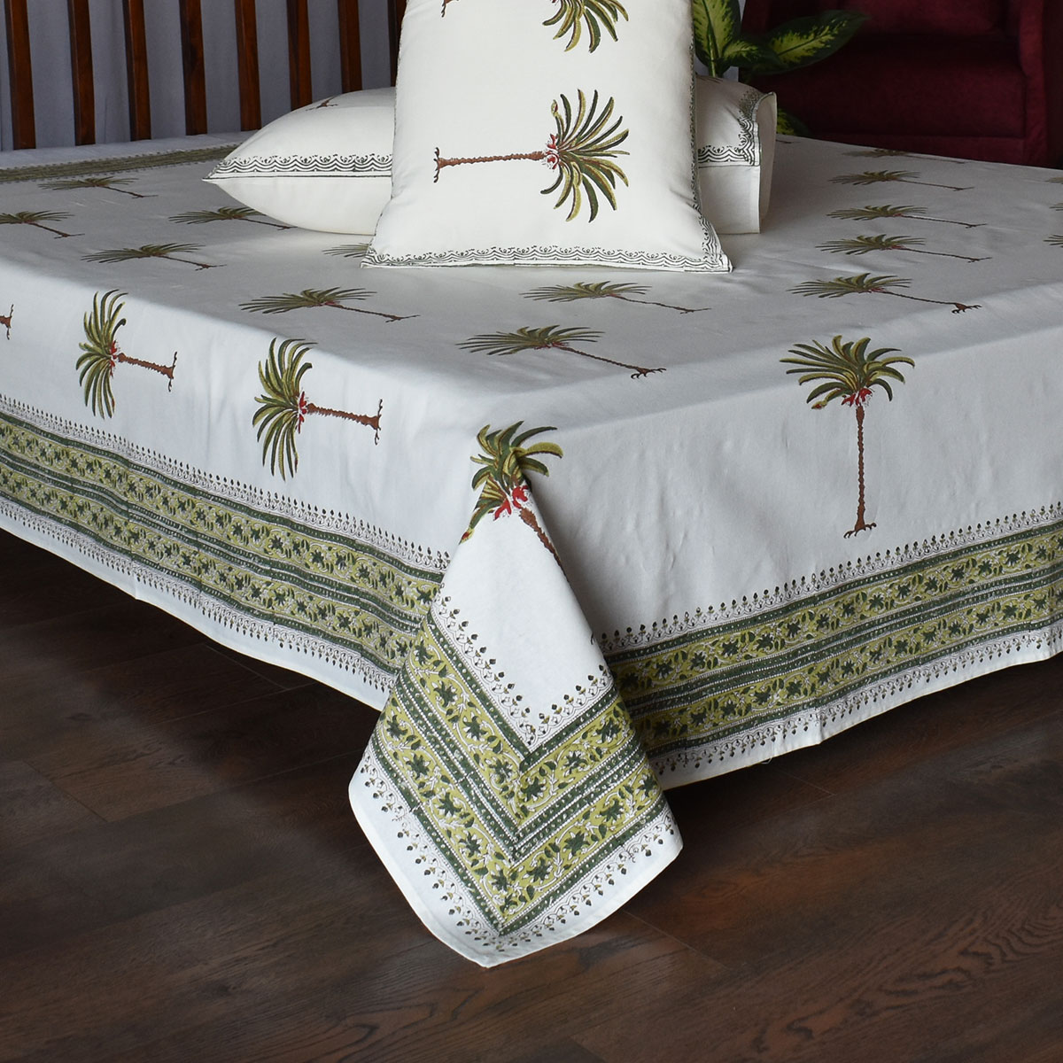 Hand Block Printed Cotton Queen Size Bedspread Palm Tree Green 109024