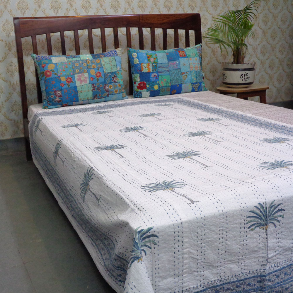 Hand Block Printed Cotton Twin Size Kantha Palm Tree Blue 103363