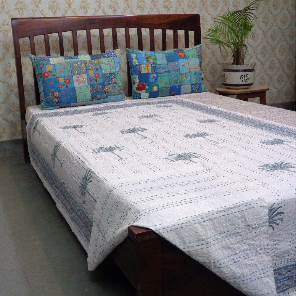 Hand Block Printed Cotton Twin Size Kantha Palm Tree Blue 103363