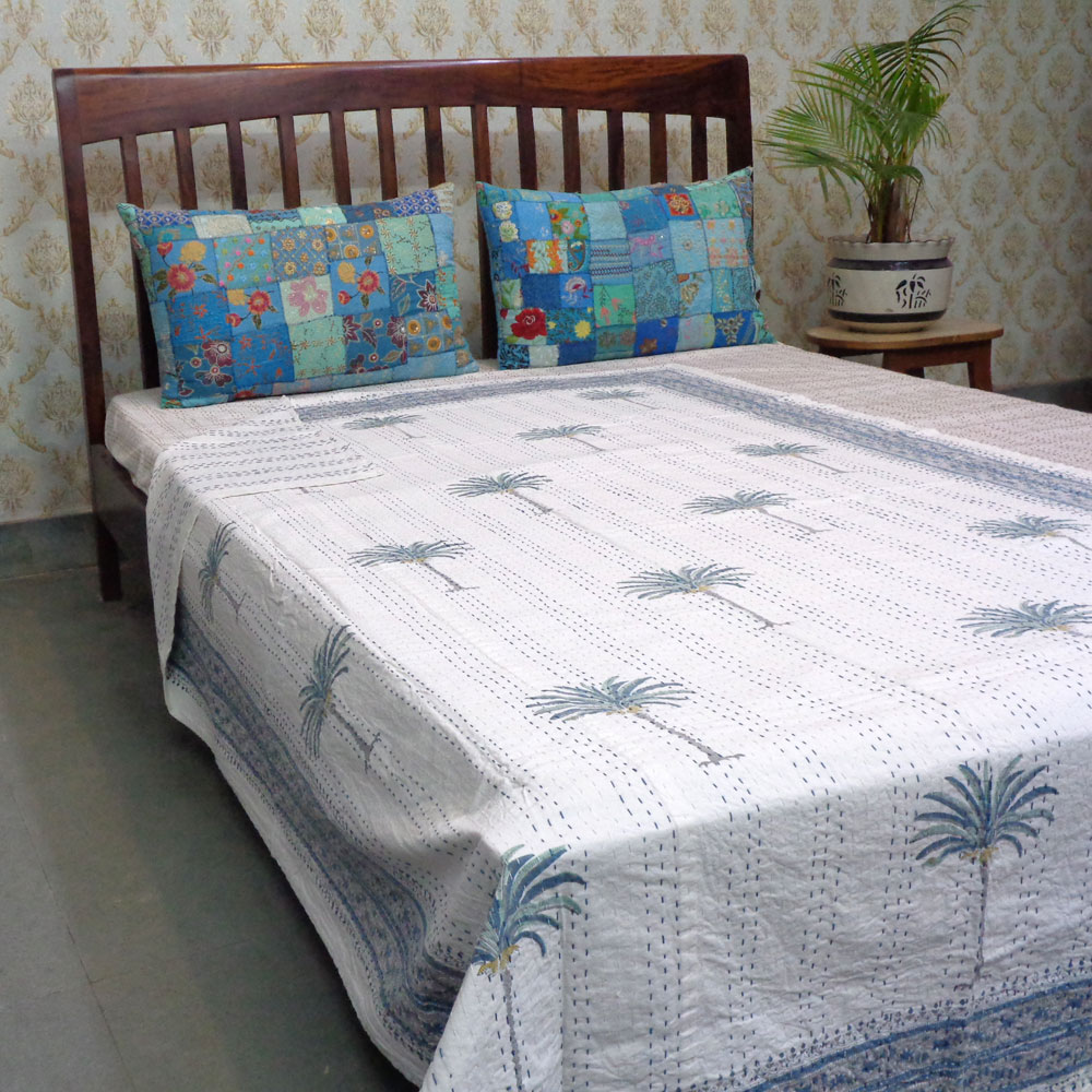 Hand Block Printed Cotton Twin Size Kantha Palm Tree Blue 103363