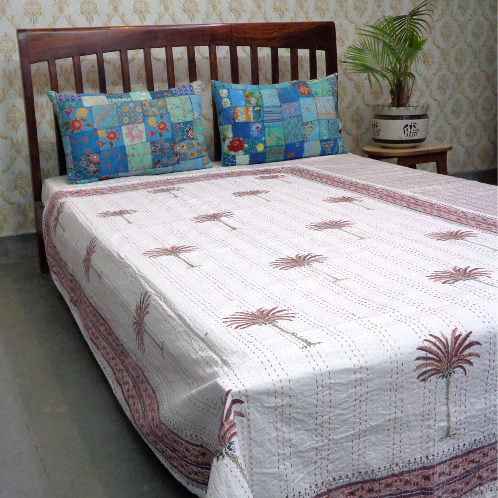 Hand Block Printed Cotton Twin Size Kantha Palm Tree Pink 101756