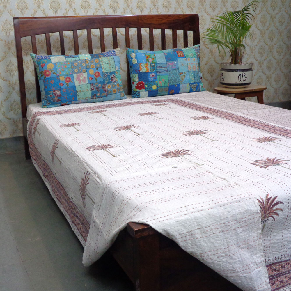 Hand Block Printed Cotton Twin Size Kantha  Palm Tree Pink 101756