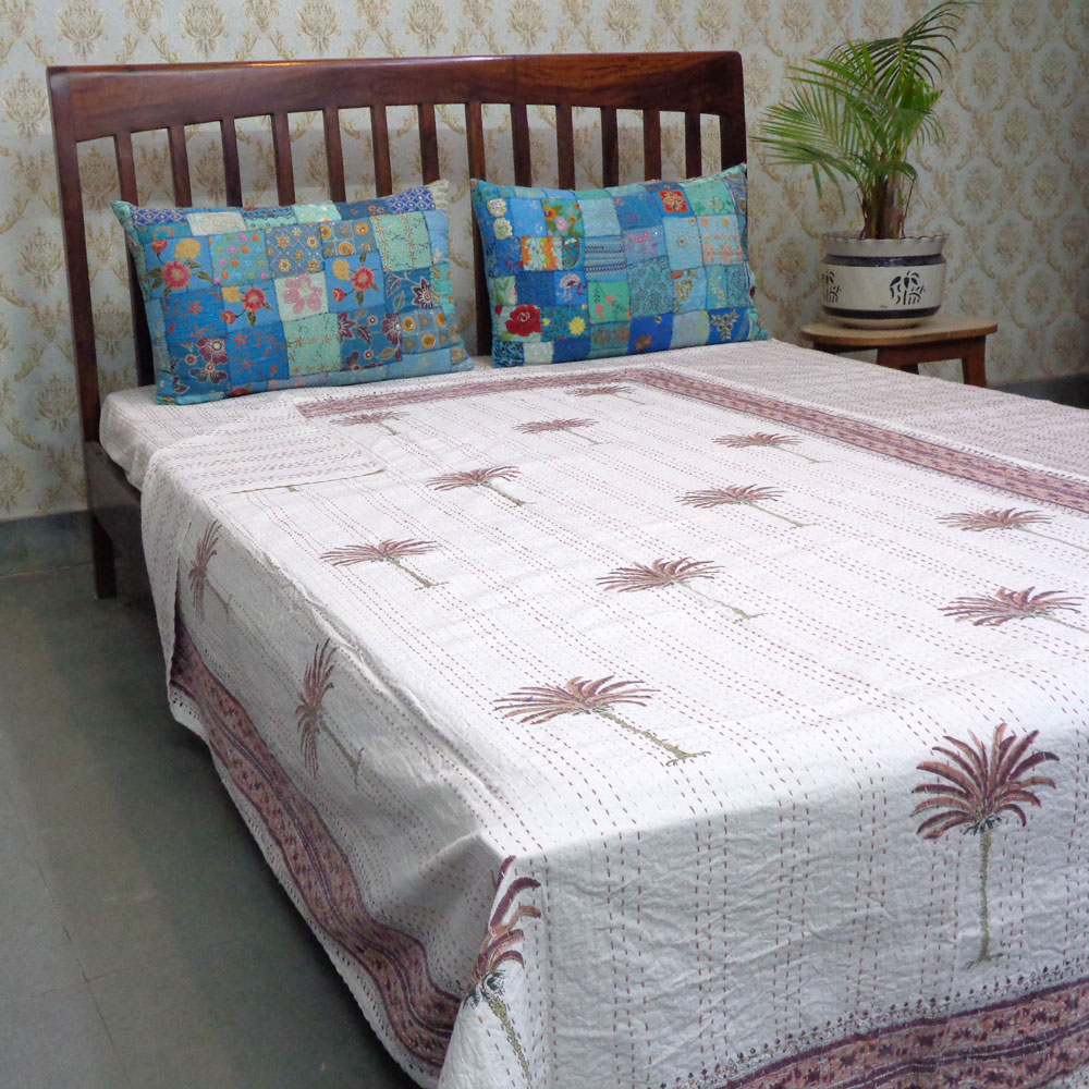 Hand Block Printed Cotton Twin Size Kantha Palm Tree Pink 101756
