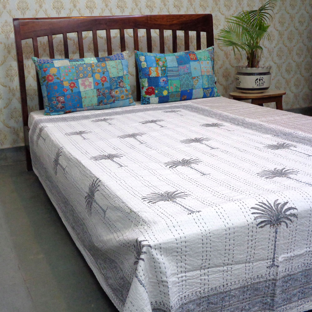 Hand Block Printed Cotton Twin Size Kantha Palm Tree Grey 101252