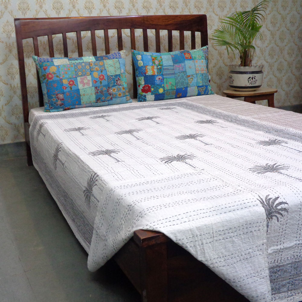 Hand Block Printed Cotton Twin Size Kantha Palm Tree Grey 101252