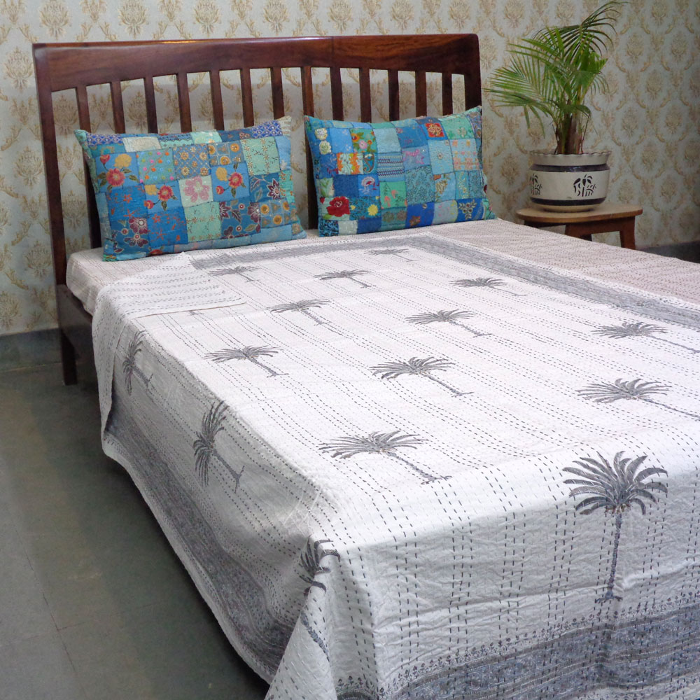 Hand Block Printed Cotton Twin Size Kantha Palm Tree Grey 101252