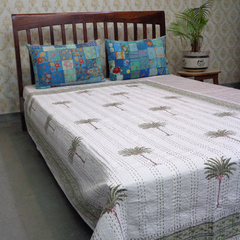Hand Block Printed Cotton Twin Size Kantha Palm Tree Green 109024