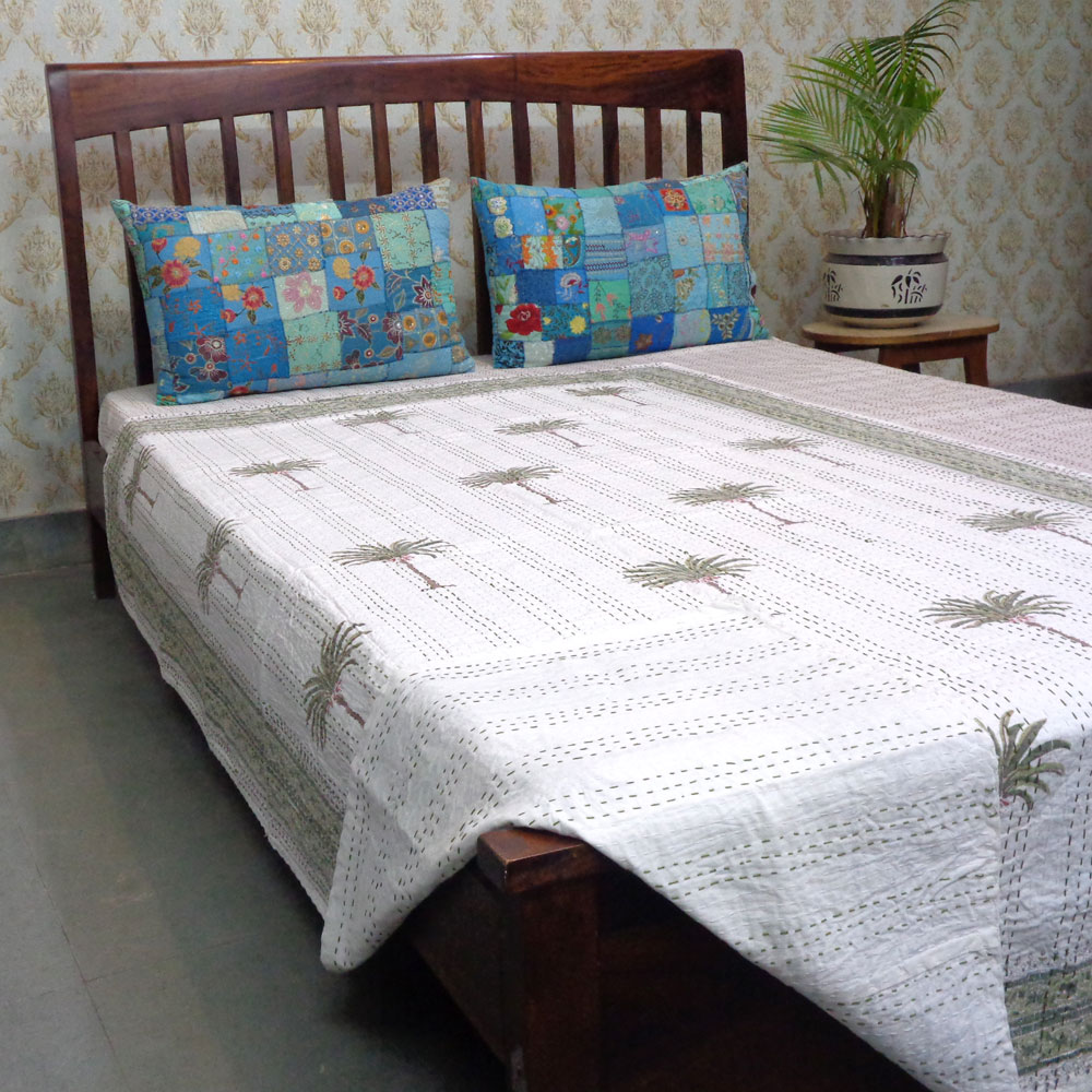 Hand Block Printed Cotton Twin Size Kantha Palm Tree Green 109024