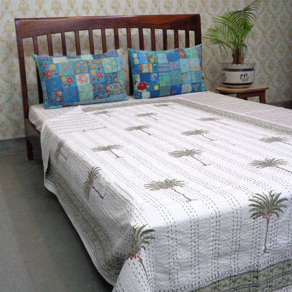 Hand Block Printed Cotton Twin Size Kantha Palm Tree Green 109024