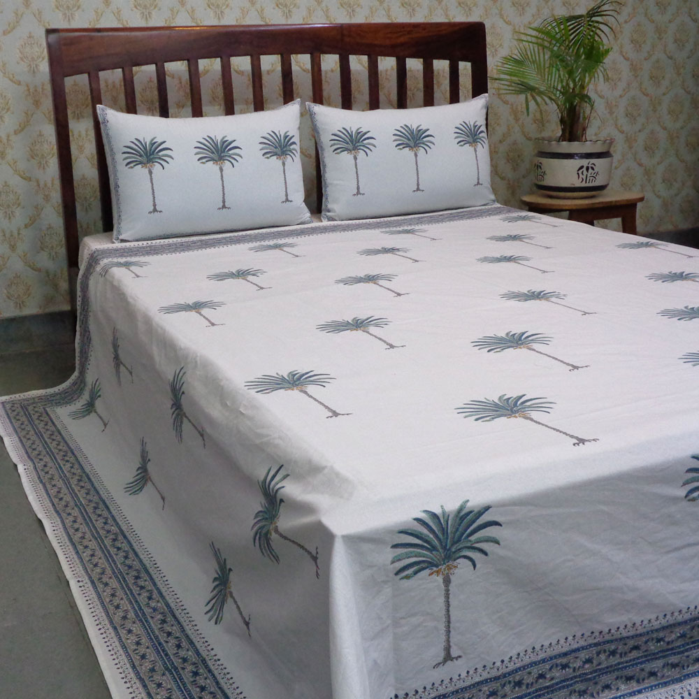 Cotton Block Printed Queen Size Bedspread Palm Tree Blue 203606