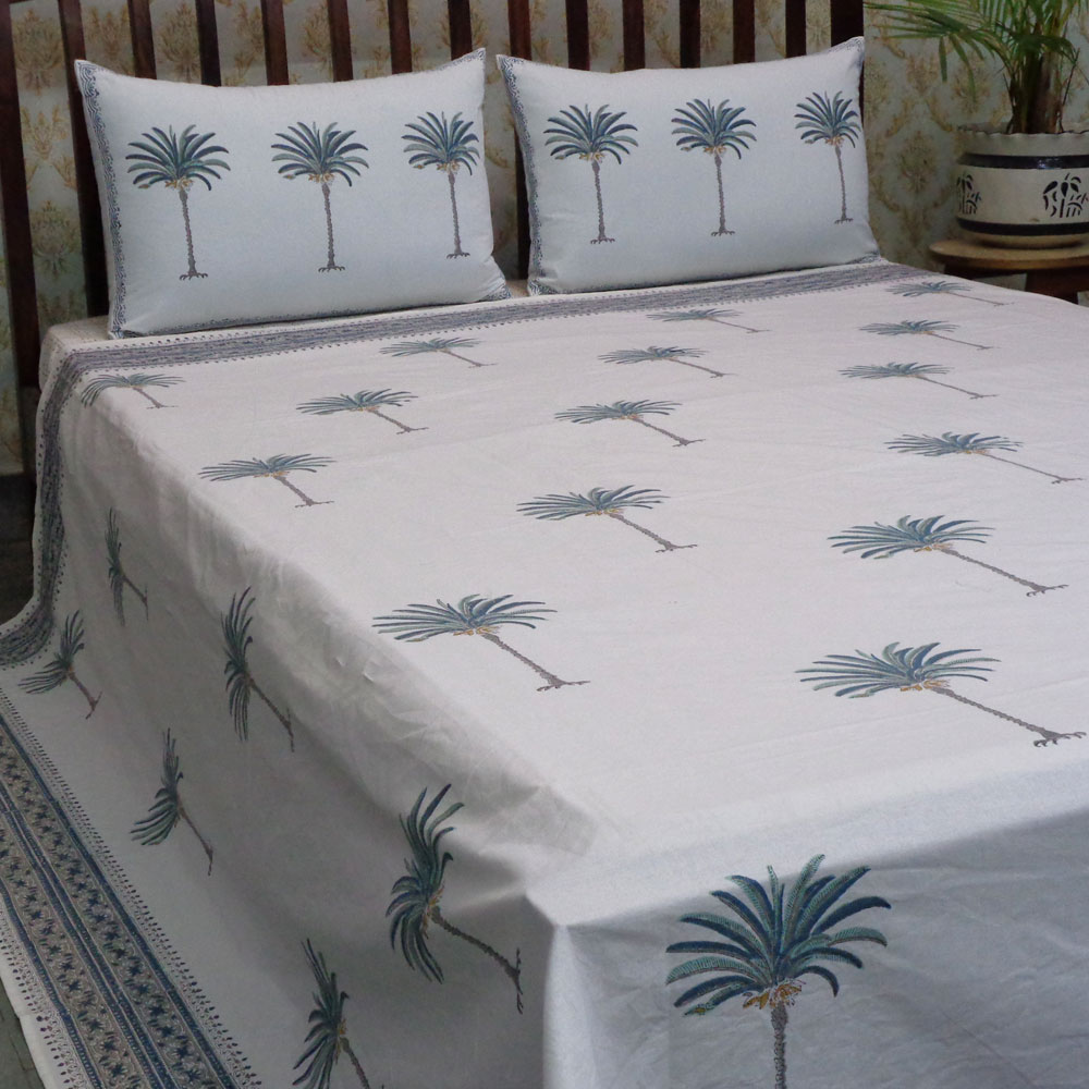 Cotton Block Printed Queen Size Bedspread | Palm Tree Blue 102709