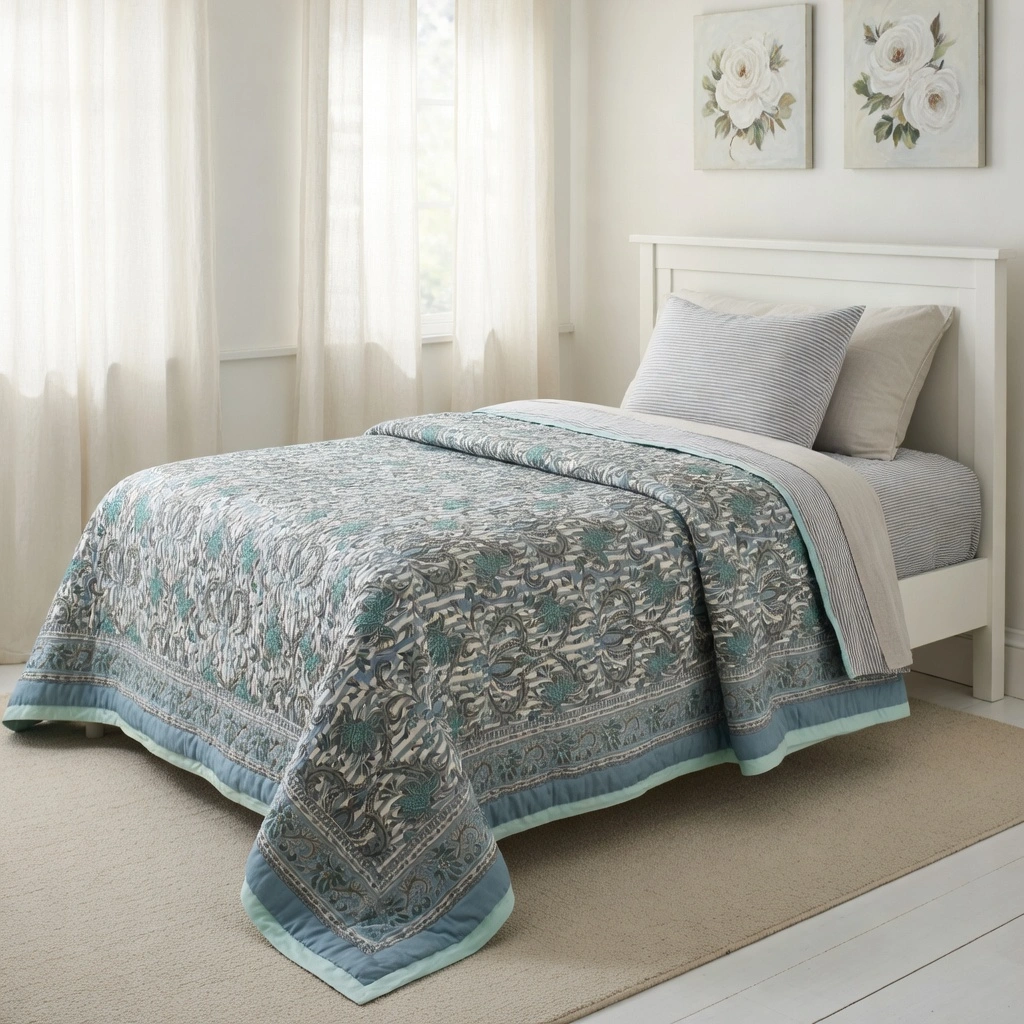 Hand Block Printed Cotton Twin Size Quilt Casper Blue Bale 260125