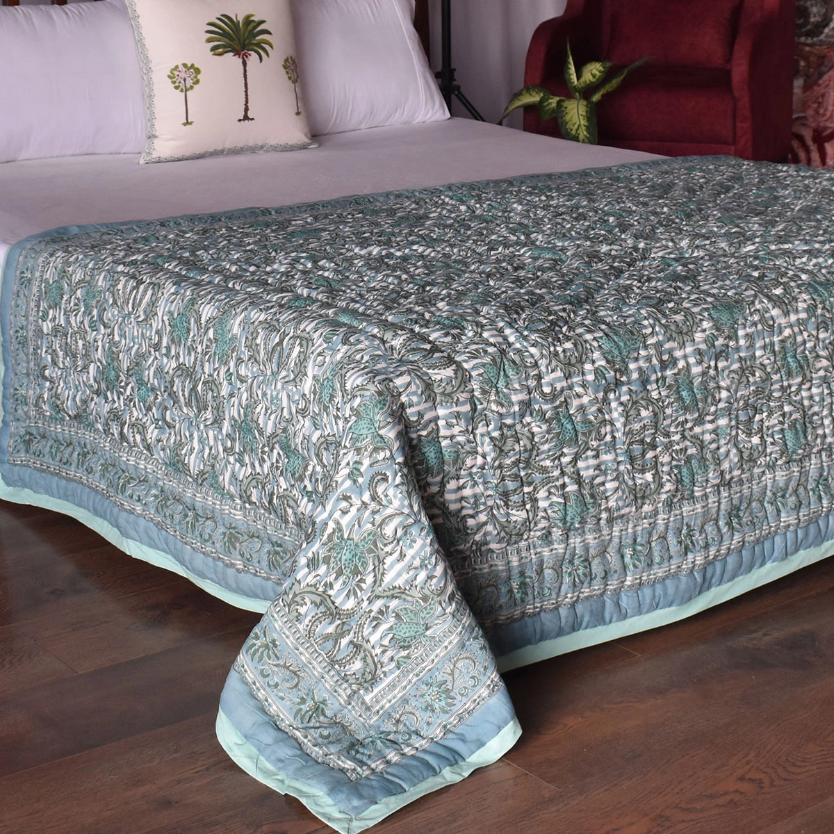Hand Block Printed Cotton Twin Size Quilt Casper Blue Bale 260125