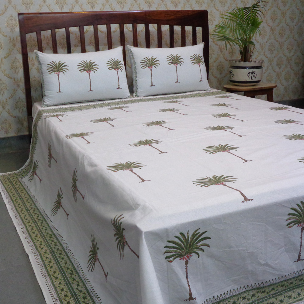 Hand Block Printed Cotton Queen Size Bedspread Palm Tree Green 109024