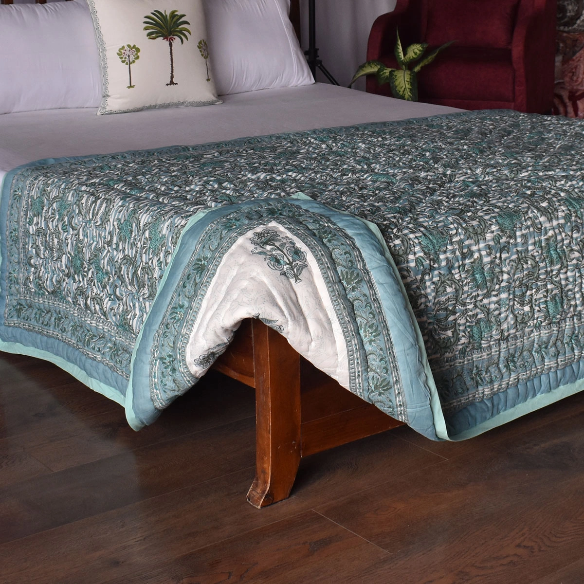 Hand Block Printed Cotton Twin Size Quilt Casper Blue Bale 260125