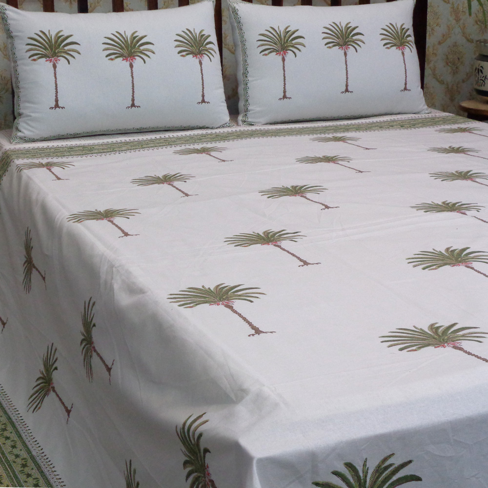 Hand Block Printed Cotton Queen Size Bedspread Palm Tree Green 109024