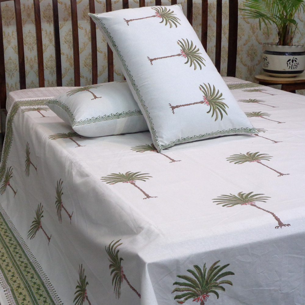 Hand Block Printed Cotton Queen Size Bedspread Palm Tree Green 109024