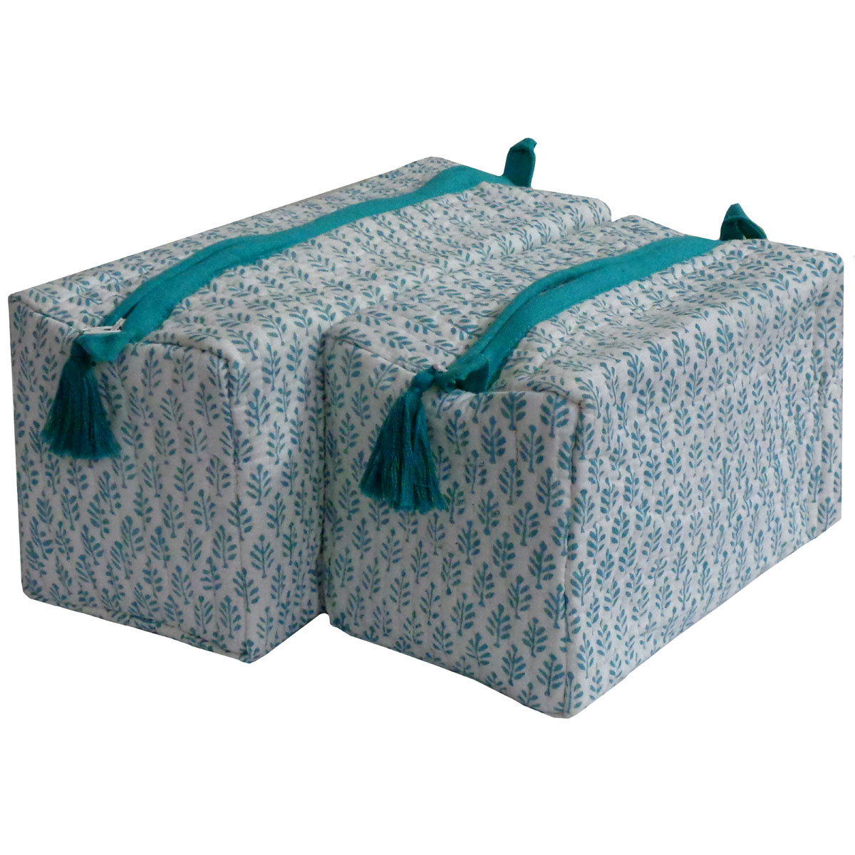 Hand Block Printed Cotton Quilted Cosmetic Bag Set of 2 Neem Turquoise 301972