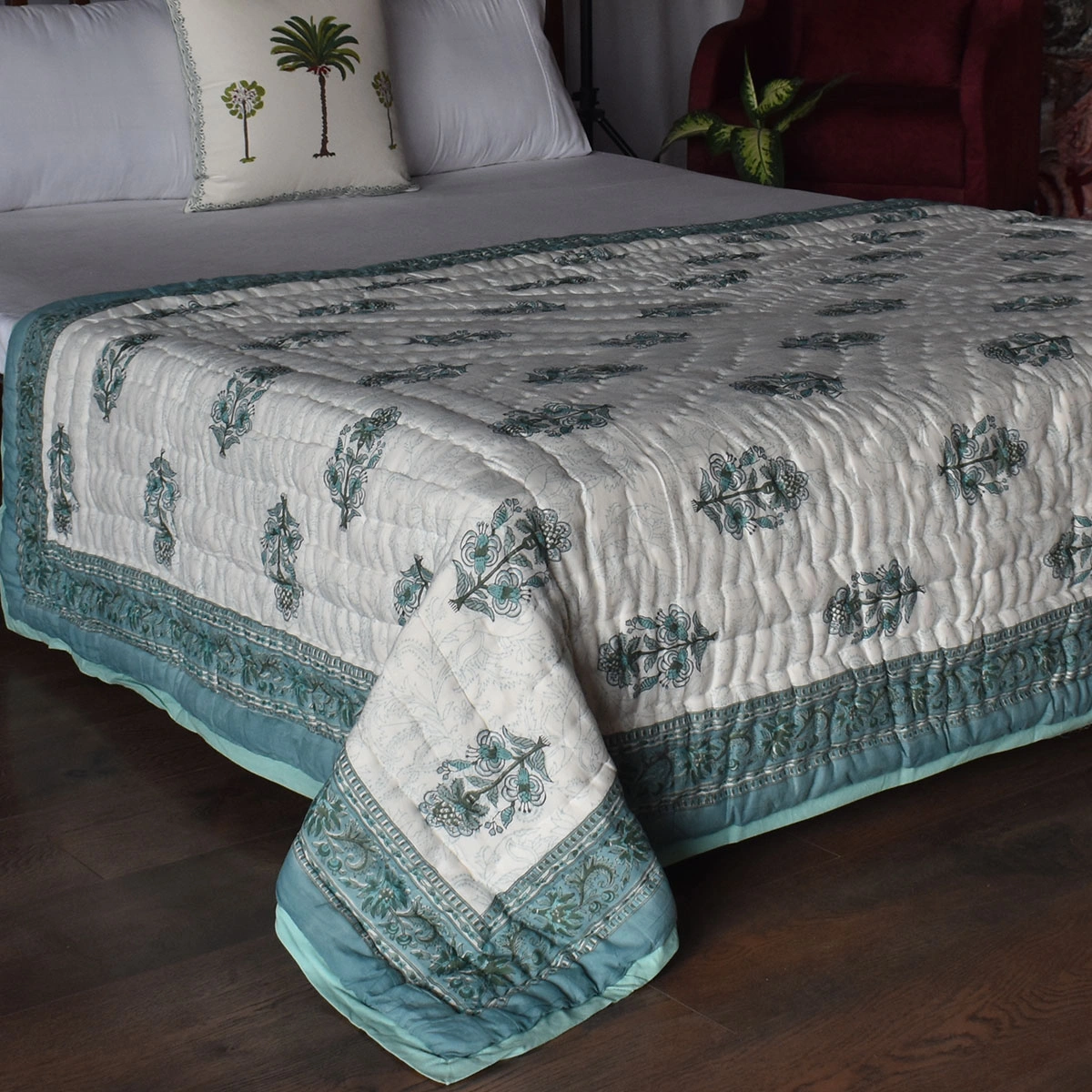 Hand Block Printed Cotton Twin Size Quilt Casper Blue Bale 260125