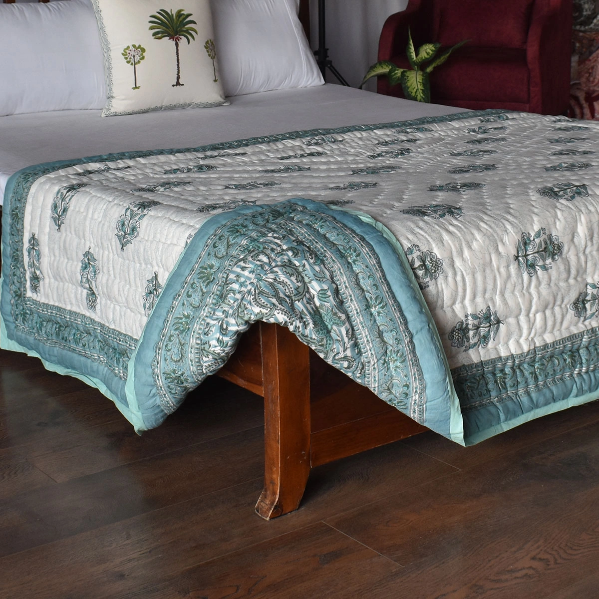 Hand Block Printed Cotton Twin Size Quilt Casper Blue Bale 260125